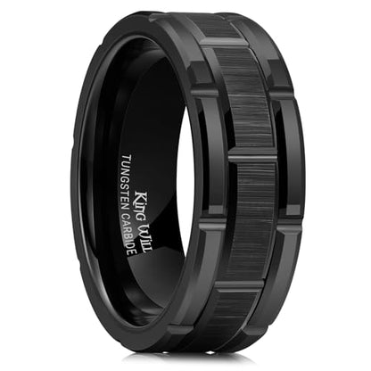 King Will Classic Mens 、Tungsten Carbide Rings Brick Pattern Groove Center | Silver/Black/Gold/Rose Gold, 8mm, Grooved, Comfort Fit, Brick pattern, Everyday Wear - color: A-Black