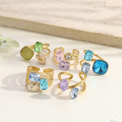 Geometric CZ Crystal Statement Rings for Women Ladies Stainless Steel Gold-Tone Plated Wedding Band Adjustable Open Gemstone Comfort Fit Finger Stacking Cocktail Party Ring Stylish Holiday Jewelry