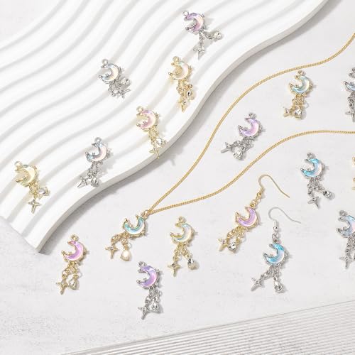Moon Charms for Jewelry Making Alloy StarCharms Glass Golden Silver Metal Pendants for DIY Earring Bracelet - color: Silver