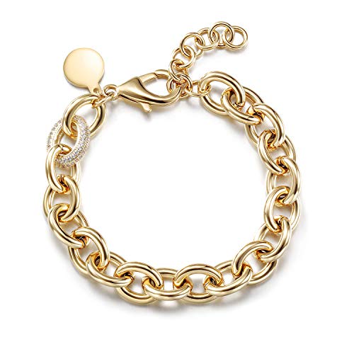 14K Gold Plated Link Chain Bracelets for Women, Dainty Silver Beaded Stackable Bracelet, Trendy Charm Jewelry for Her, Fits 6.0”–8.0” Wrists - color: 9.0" Medium Gold