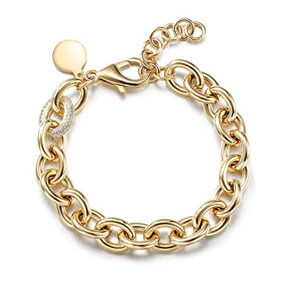 14K Gold Plated Link Chain Bracelets for Women, Dainty Silver Beaded Stackable Bracelet, Trendy Charm Jewelry for Her, Fits 6.0”–8.0” Wrists - color: 9.0" Medium Gold