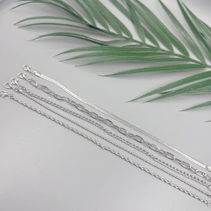 Adjustable Waterproof Layered Bracelets for Women Summer Beach Cuban Link Chain Anklets Set Herringbone Paperclip Beaded Snake Chain Stackable Anklet Stainless Steel Jewelry Bracelet - color: 5PCS-Sliver