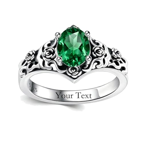 1 CT Oval Cut Gemstone Vintage Filigree Ring 925 Sterling Silver Retro Rose Teardrop Birthstone Statement Ring Anniversary Jewelry Gifts for Women Ring Size 4-13 - color: May-Emerald Green