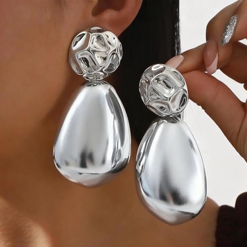 Gold Sliver Plated Chunky Large Stud Earrings for Women,Irregular Geometrical Statement Teardrop Dangle Earrings Punk Party Fashion Accessories Gifts - color: Silver