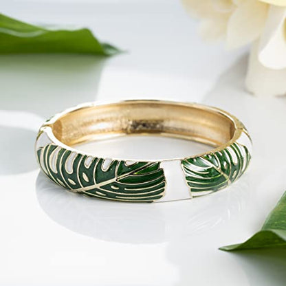 Hawaiian Monstera Luau Leaves Hinged Clasp Fashion Enamel Bangle Bracelet - color: Green