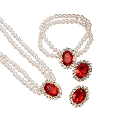 3Pcs Dainty Elegant Imitation Pearl Beaded Choker Necklace Bracelets Earrings Set Handmade Adjustable Faux Pearl Necklace for Women Bridal Wedding Party Prom Birthday Valentine Jewelry Gifts - color: D red
