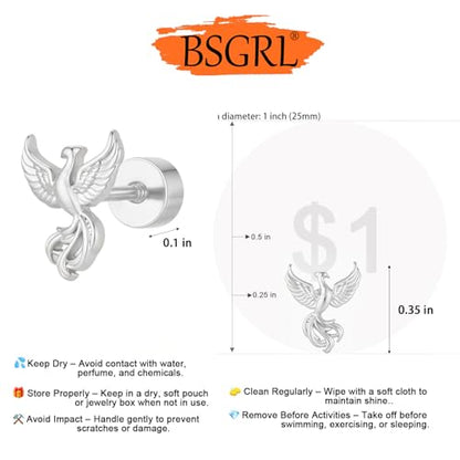 Flat Back Earrings for Women Cartilage Helix | Comfortable Dainty Cute Dragon Bee Bird Phoenix Dragonfly Cute Animal Leaf Spiral Rhombus Design Flatback Stud Earrings - color: silver phoenix