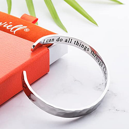 Bracelet - Gifts for Women – Inspirational, Friendships, Love, Mom, Daughters, Sisters, Christian, Graduations, Memorials & Wedding Gifts – 100+ Phrases – Stainless Steel, Gift Ready - color: CHRISTIAN GIFT - I can do all things through Christ who strengt
