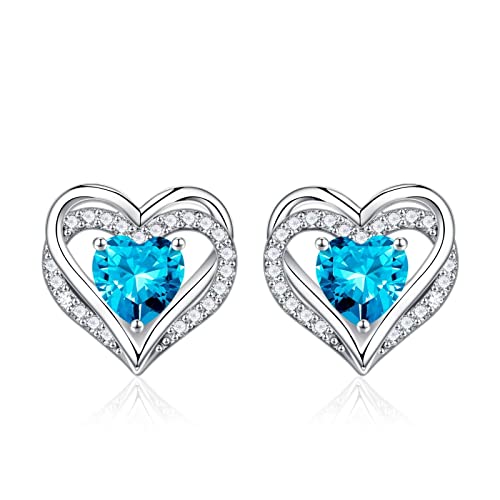 Iefil Birthstone Earrings for Women - 925 Sterling Silver Heart Stud Earrings Birthday Gifts for Women - color: 11-Nov-Created Blue Topaz