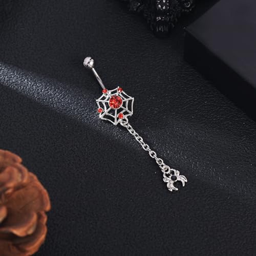 14G Surgical Stainless Steel Dangle Belly Button Rings for Women Belly Ring Dangling Piercing Jewelry CZ Snake lizard Skull Spider bat Halloween Party Punk Rock - style: Silver Spider