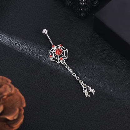 14G Surgical Stainless Steel Dangle Belly Button Rings for Women Belly Ring Dangling Piercing Jewelry CZ Snake lizard Skull Spider bat Halloween Party Punk Rock - style: Silver Spider