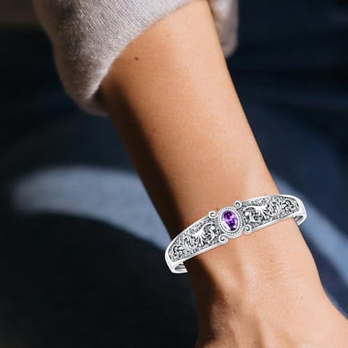 Genuine Amethyst Cuff Bracelet, 925 Sterling Silver Vintage Filigree Engraved Open Bangle Purple Gemstone Boho Jewelry February Birthstone Gift for Women - style: Style B
