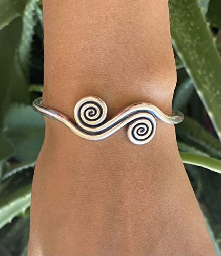 Sterling Silver Boho Cuff Bracelet with Spirals and Symbolic Engravings, Adjustable Handmade Engraved Ethnic Tribal Rounded, for Women (M-L) or Men (S-M)