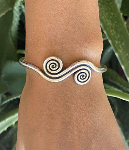 Sterling Silver Boho Cuff Bracelet with Spirals and Symbolic Engravings, Adjustable Handmade Engraved Ethnic Tribal Rounded, for Women (M-L) or Men (S-M)