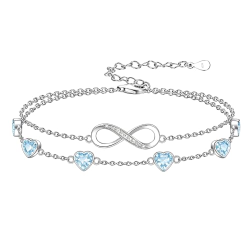 Prismata Infinity Birthstone Charm Link Bracelet/Anklet 925 Sterling Silver Adjustable 12 Months Birthstone Infinity Bracelet/Anklet Birthday Jewelry Gifts for Women Her - color: 03-March, size: 9‘+2’ Anklet