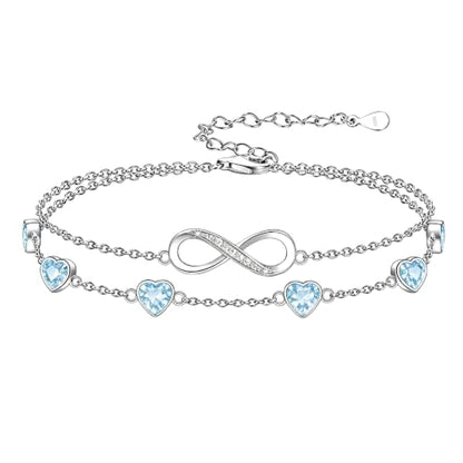 Prismata Infinity Birthstone Charm Link Bracelet/Anklet 925 Sterling Silver Adjustable 12 Months Birthstone Infinity Bracelet/Anklet Birthday Jewelry Gifts for Women Her - color: 03-March, size: 9‘+2’ Anklet