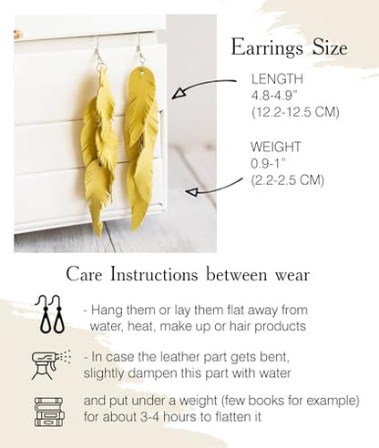 Leather Feather Earrings, Suede layered earrings, boho wedding jewelry, summer earrings, gift for her, dangle earrings - color: yellow