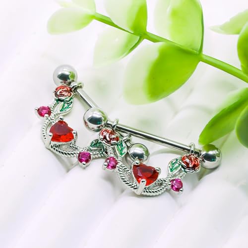 2pcs 14G Nipple Rings Flower Nipple Bars Surgial Steel 316L Nipple Piercing Jewelry Heart Nipple Barbell for Women - color: Rose red