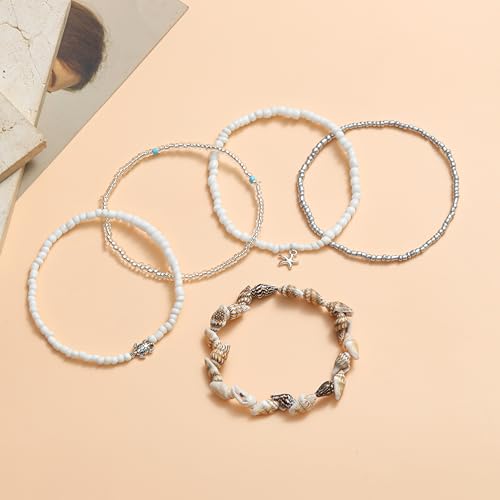 Shell Ankle Bracelet For Women Boho Beaded Seashell Starfish Conch Pearl Sea Turtle Puka Layered Gold Anklet Set Hawaiian Summer Beach Handmade Foot Jewelry Gift Set Adjustable - style: conch