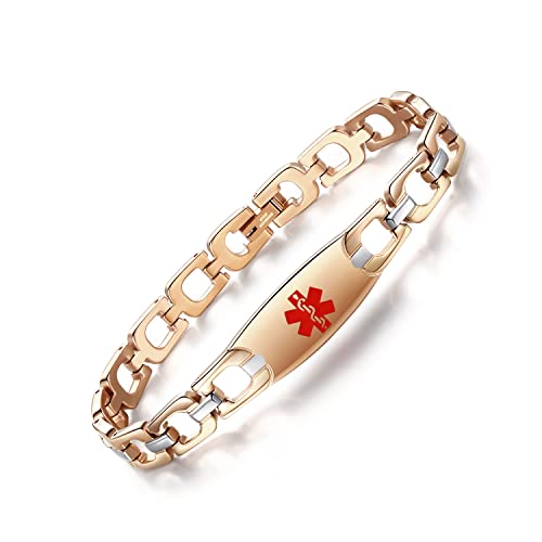 LinnaLove Fashion Shiny medical alert bracelet with Free Engraving Stainless steel Medical id bracelet for Women - color: Horseshoe-Rose Gold