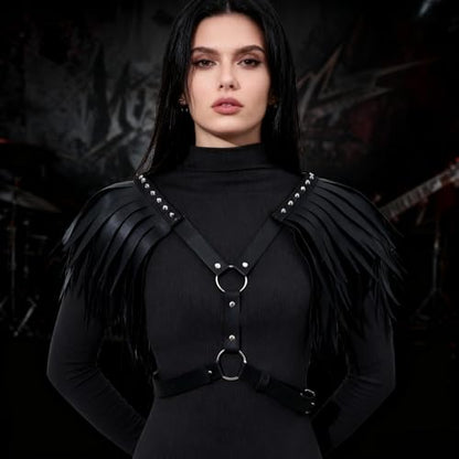PURFUN Women Punk PU Leather Tassel Shoulder Harness Belt Gothic Black Fringed Body Harness Belt Adjustable Sexy Nightclub Rave Roleplay Cosplay Halloween Costume Chest Chain Body Chain Jewelry