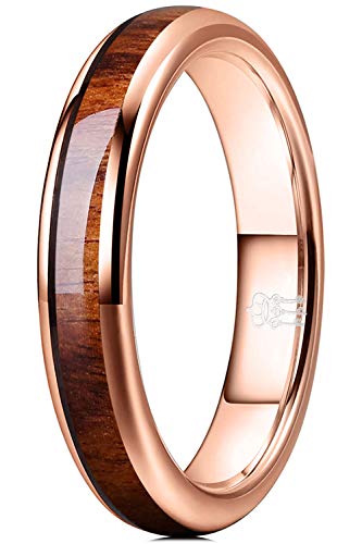 THREE KEYS JEWELRY Tungsten Wedding Band Koa wood Inlay Black Domed | 4mm, 6mm, 8mm, Everyday Wear, Black, Domed, Koa wood inlay - color: Rose Gold 4mm