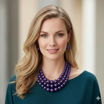 Fashion 21 Women's Faux Pearl Three Multi-Strand Statement Necklace and Earrings Set - color: Purple