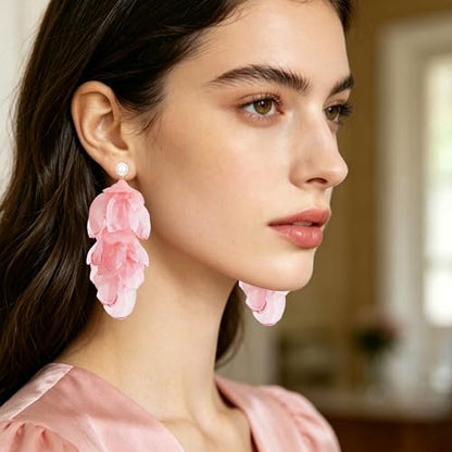 Handmade Bohemian Lightweight Fabric Flower Dangle Drop Earrings Chic Pearl Large Tassel Petal Stud Earrings For Women - color: Meat Pink