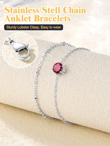 U7 Silver Ankle Bracelet for Women, Waterproof Layered Ankle Round Gem Birthstone Anklets, Summer Beach Foot Jewelry, Adjustable 8.5"-10.5" - color: 07.July-Ruby Red