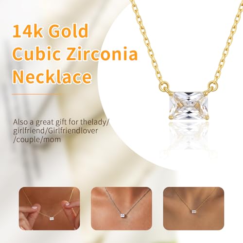 14K Gold Plated Solitaire Cubic Zirconia Necklace, Rectangle CZ Pendant Necklace for Women, Minimalist for Everyday Wear