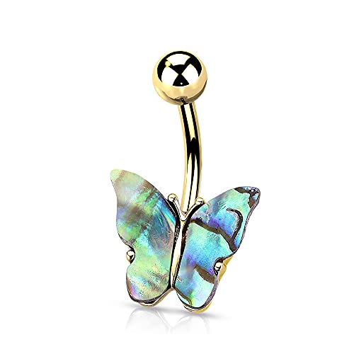 Pierced Owl - 14GA Abalone Shell Covered Butterfly 316L Surgical Stainless Steel Navel Belly Button Ring - style: Gold tone