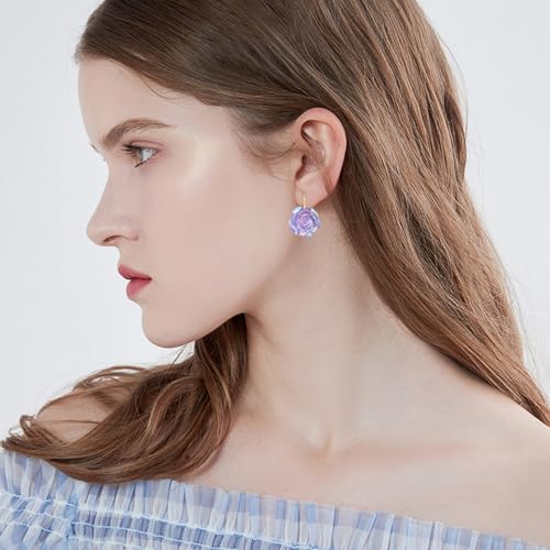 Handmade Bohemian Aesthetic Dainty Acrylic Flower Petal Leverback Earrings Sparkly 14K Gold Floral Dangle Drop Earrings for Women - color: Purple