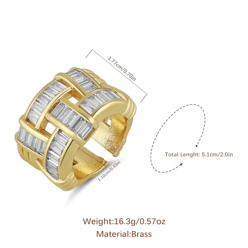 HZMAN 14K Gold Plated Open Ring for Women Brass Crystal Non Adjustable Statement Ring Collection - color: Clear Baguette Crystal
