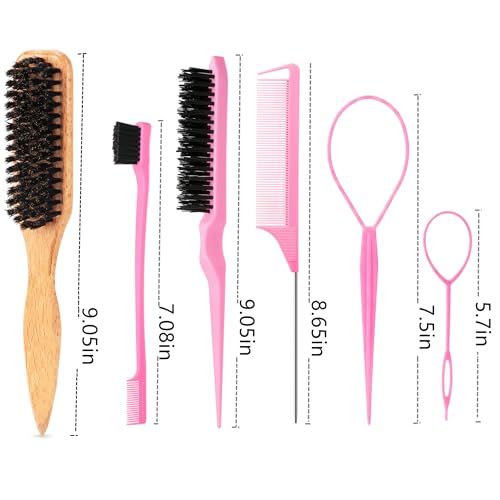 6PCS Hair Styling Tools Kit, Boar Bristle Wooden Brush, Rat Tail Metal Pin Parting Comb Edge Control Brush,Bristle Teasing Hair Brush Topsy Tail Loop Tools for Women Braiding & Edge Styling - color: pink