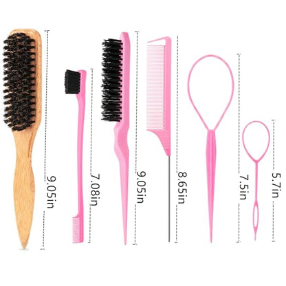 6PCS Hair Styling Tools Kit, Boar Bristle Wooden Brush, Rat Tail Metal Pin Parting Comb Edge Control Brush,Bristle Teasing Hair Brush Topsy Tail Loop Tools for Women Braiding & Edge Styling - color: pink