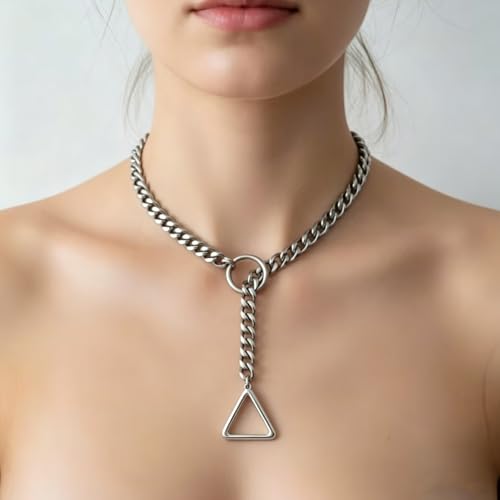 Heart O Ring Slip Chain Choker Necklace for Women Men Stainless Steel Cuban Chain Y-shape Necklaces Punk Rock Collar Adjustable Lariat Y Necklace Prom Necklaces Jewelry - color: Silver Triangular ring