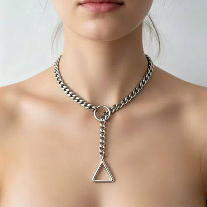 Heart O Ring Slip Chain Choker Necklace for Women Men Stainless Steel Cuban Chain Y-shape Necklaces Punk Rock Collar Adjustable Lariat Y Necklace Prom Necklaces Jewelry - color: Silver Triangular ring