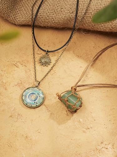 MINACHI Bohemian Retro Style Multi Layer Necklace, Green Crystal Sun and Floral Pendant, Ethnic Jewelry for Women - style: Necklace R17-052