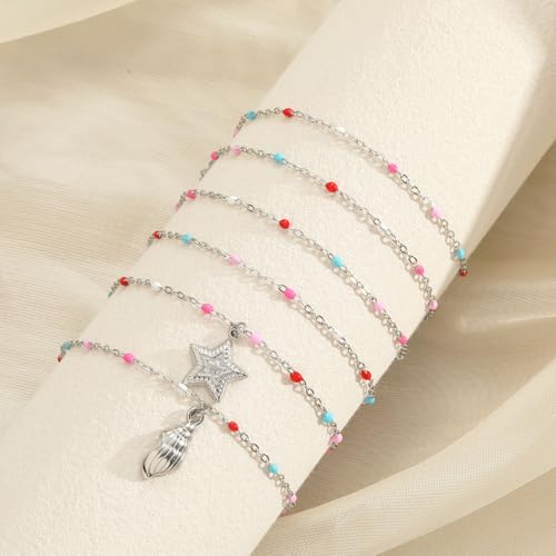 6 PCS Enamel Beaded Chains Bracelet Stainless Steel Link Bracelets | 6.7"+1.18", With Extender Chain, Fashion Jewelry Set, Gift For Women, Colorful, No Fade - color: Mixcolor Silver