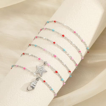 6 PCS Enamel Beaded Chains Bracelet Stainless Steel Link Bracelets | 6.7"+1.18", With Extender Chain, Fashion Jewelry Set, Gift For Women, Colorful, No Fade - color: Mixcolor Silver
