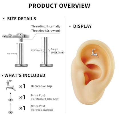 FINE4U Cartilage Christmas Piercing Jewelry 16G 6mm 8mm - ASTM F136 Titanium, Flat Back Labret Stud for Helix Flat Lobe, Elk Minimalist Earring, Squirrel Earrings - color: Deer - Tit