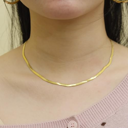 14K Gold Plated Paper Clip Chain Link Necklace Satellite Chain Necklace for Women - color: Herringbone Necklace