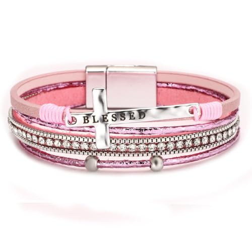 Religious Cross Engraved Blessed Leather Wrap Match Strand Bracelet for Women Multi-Layer Boho Beaded Cuff Bangle Bracelet Christian Jewelry - color: Pink