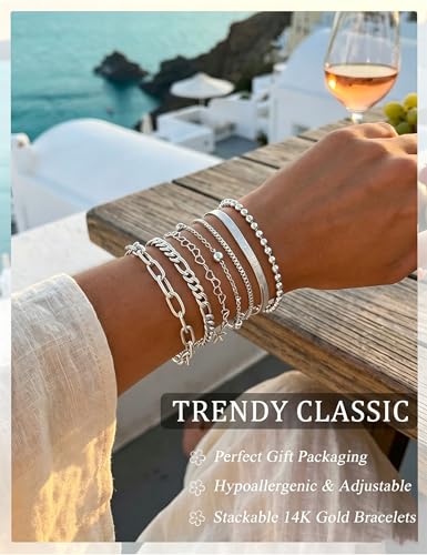 10 Pcs Gold Bracelets for Women, 14K Gold Plated Stackable Cuban Link Paperclip Chain Bracelet Set, Dainty Gold Bracelets Stack Jewelry - color: Silver