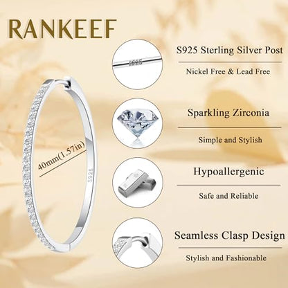 RANKEEF Gold/Silver Hoops Earrings For Women Hypoallergenic | S925 Silver Hoop Earings Lightweight Gold Hoops Gold Rhinestone Earring With Cubic Zirconia 20/30/40mm - color: Silver-40mm
