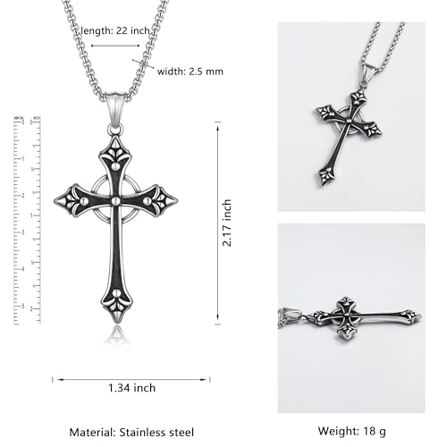 Gothic Celtic Cross Necklace, Stainless Steel Fleur De Lis Pendant | Eternity Ring Design, Reversible, Oxidized Finish, 316L Stainless Steel, Medieval Goth Jewelry, Unisex Gift, 22" Box Chain