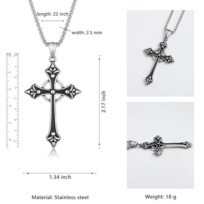 Gothic Celtic Cross Necklace, Stainless Steel Fleur De Lis Pendant | Eternity Ring Design, Reversible, Oxidized Finish, 316L Stainless Steel, Medieval Goth Jewelry, Unisex Gift, 22" Box Chain