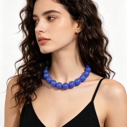 Chunky Beaded Necklace for Women Trendy Boho Collar Statement Necklace Large Round Resin Beads Choker Necklaces Summer Beach Jewelry Gifts - color: Royal Blue