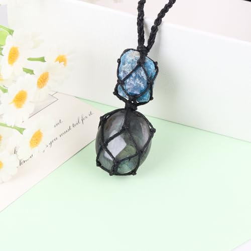 Anjiucc Handmade Crystal Cage Holder with Raw Gemstone Pendant Necklace Natural Stone Healing Crystal Necklace Adjustable Length - color: Labradorite+Blue apatite
