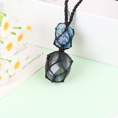 Anjiucc Handmade Crystal Cage Holder with Raw Gemstone Pendant Necklace Natural Stone Healing Crystal Necklace Adjustable Length - color: Labradorite+Blue apatite